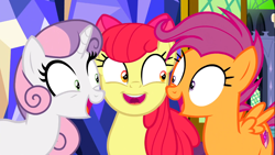 Size: 1366x768 | Tagged: safe, screencap, character:apple bloom, character:scootaloo, character:sweetie belle, species:earth pony, species:pegasus, species:pony, species:unicorn, episode:growing up is hard to do, g4, my little pony: friendship is magic, adorabloom, cute, cutealoo, cutie mark crusaders, diasweetes, female, looking at each other, mare, older, older apple bloom, older cmc, older scootaloo, older sweetie belle, smiling
