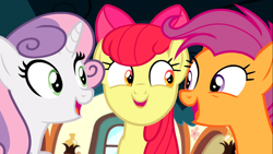 Size: 1366x768 | Tagged: safe, screencap, character:apple bloom, character:scootaloo, character:sweetie belle, species:earth pony, species:pegasus, species:pony, species:unicorn, episode:growing up is hard to do, g4, my little pony: friendship is magic, cutie mark crusaders, female, looking at each other, older, older apple bloom, older cmc, older scootaloo, older sweetie belle