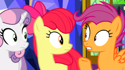 Size: 1362x766 | Tagged: safe, screencap, character:apple bloom, character:scootaloo, character:sweetie belle, species:earth pony, species:pegasus, species:pony, species:unicorn, episode:growing up is hard to do, g4, my little pony: friendship is magic, cutie mark crusaders, female, looking at each other, older, older apple bloom, older cmc, older scootaloo, older sweetie belle