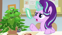 Size: 1920x1080 | Tagged: safe, screencap, character:phyllis, character:starlight glimmer, species:pony, species:unicorn, episode:a horse shoe-in, g4, my little pony: friendship is magic, female, magic, magic aura, mare, philodendron, potted plant, solo, telekinesis