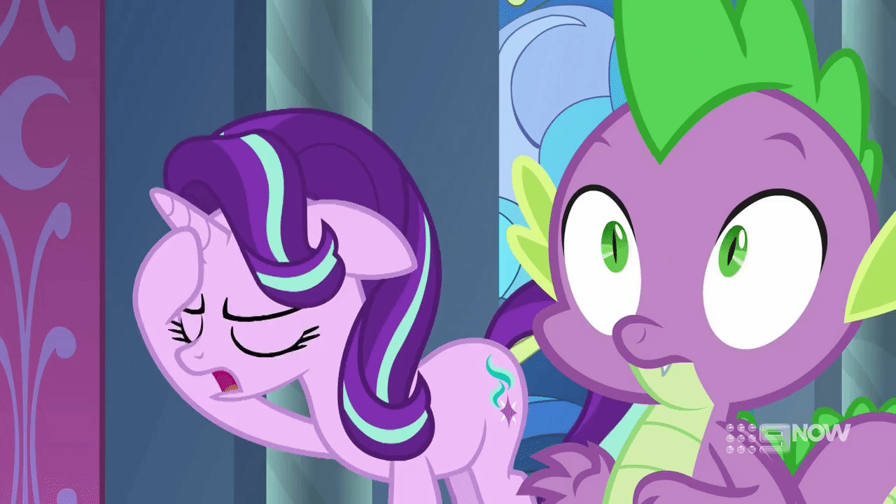 Size: 1280x720 | Tagged: safe, screencap, character:spike, character:starlight glimmer, species:dragon, species:pony, species:unicorn, episode:memories and more, animated, gif