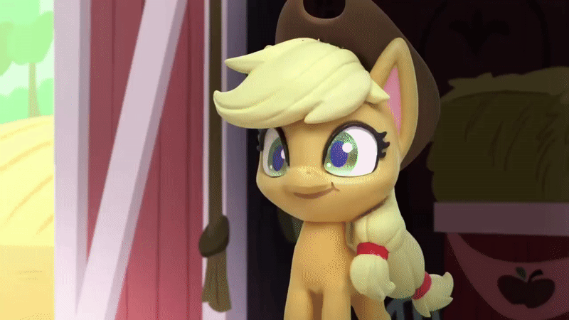 Size: 800x450 | Tagged: safe, screencap, character:applejack, species:earth pony, species:pony, g4.5, my little pony: stop motion short, my little pony:pony life, animated, applejack's hat, barn, clothing, cowboy hat, cute, diy with my little pony - carving contest, gif, hammer, hat, hoof hold, jackabetes, safety goggles, saw, screwdriver, smiling, solo, stop motion, toolbox, wrench