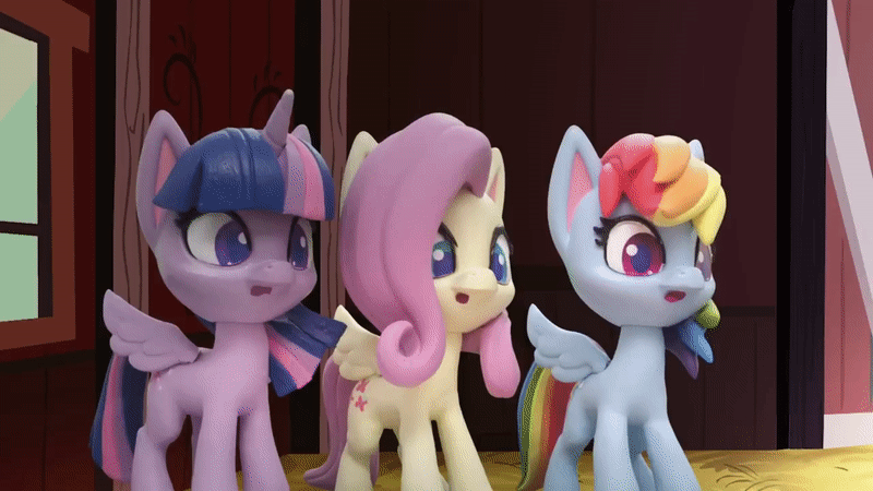 Size: 800x450 | Tagged: safe, screencap, character:fluttershy, character:rainbow dash, character:twilight sparkle, character:twilight sparkle (alicorn), species:alicorn, species:pegasus, species:pony, g4.5, my little pony: stop motion short, my little pony:pony life, animated, barn, confused, diy with my little pony - carving contest, gif, looking at each other, stop motion, wings