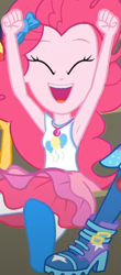 Size: 305x694 | Tagged: safe, screencap, character:pinkie pie, character:trixie, episode:sock it to me, g4, my little pony:equestria girls, armpits, cheering, clothing, cropped, eyes closed, female, geode of sugar bombs, magical geodes, offscreen character, open mouth, skirt, smiling, sock it to me: trixie