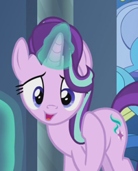 Size: 578x718 | Tagged: safe, screencap, character:starlight glimmer, species:pony, species:unicorn, episode:memories and more, cropped, glowing horn, horn, solo
