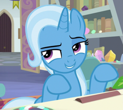 Size: 979x878 | Tagged: safe, screencap, character:trixie, species:pony, species:unicorn, episode:a horse shoe-in, g4, my little pony: friendship is magic, cropped, female, grin, implying, looking sideways, mare, purple eyes, raised eyebrow, raised hooves, smiling, solo, starlight's office