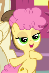 Size: 491x729 | Tagged: safe, screencap, character:li'l cheese, character:pound cake, species:earth pony, species:pegasus, species:pony, episode:the last problem, g4, my little pony: friendship is magic, bipedal, colt, cropped, green eyes, lidded eyes, male, offscreen character, open mouth, smiling, solo