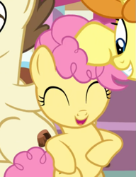 Size: 485x631 | Tagged: safe, screencap, character:li'l cheese, character:pound cake, character:pumpkin cake, species:earth pony, species:pegasus, species:pony, episode:the last problem, g4, my little pony: friendship is magic, bipedal, colt, cropped, cute, eyes closed, female, head pat, male, mare, open mouth, pat, petting, smiling, solo focus