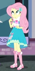 Size: 300x604 | Tagged: safe, screencap, character:fluttershy, episode:street chic, g4, my little pony:equestria girls, clothing, cropped, cute, dress, geode of fauna, long socks, magical geodes, scarf, shyabetes, solo, tights