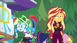 Size: 1920x1080 | Tagged: safe, screencap, character:applejack, character:fluttershy, character:rainbow dash, character:sunset shimmer, character:twilight sparkle, character:twilight sparkle (scitwi), species:eqg human, equestria girls:sunset's backstage pass, g4, my little pony:equestria girls, accidental innuendo, backstage pass, crossed arms, happy, music festival outfit, paddle, rainbow dash's paddle, smiling