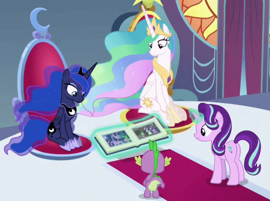 Size: 886x658 | Tagged: safe, screencap, character:princess celestia, character:princess luna, character:rarity, character:spike, character:starlight glimmer, character:twilight sparkle, character:twilight sparkle (alicorn), species:alicorn, species:dragon, species:pony, species:unicorn, episode:memories and more, animated, cropped, gif