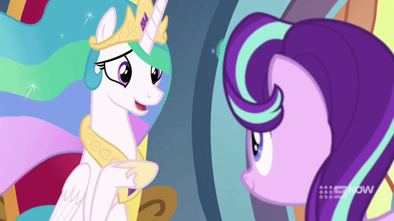 Size: 1280x720 | Tagged: safe, screencap, character:princess celestia, character:starlight glimmer, species:alicorn, species:pony, species:unicorn, episode:memories and more, 9now, animated, gif