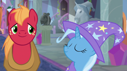Size: 1920x1080 | Tagged: safe, screencap, character:big mcintosh, character:trixie, species:earth pony, species:pony, species:unicorn, episode:a horse shoe-in, g4, my little pony: friendship is magic, clothing, duo, eyes closed, female, hat, male, mare, stallion, trixie's hat