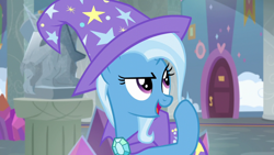 Size: 1920x1080 | Tagged: safe, screencap, character:trixie, species:pony, species:unicorn, episode:a horse shoe-in, g4, my little pony: friendship is magic, cape, clothing, female, hat, mare, solo, trixie's cape, trixie's hat