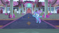 Size: 1280x720 | Tagged: safe, screencap, character:trixie, species:pony, species:unicorn, episode:a horse shoe-in, g4, my little pony: friendship is magic, bipedal, cape, clothing, crystal, female, hat, hooves in air, mare, rearing, school of friendship, solo, spreading, trixie's cape, trixie's hat