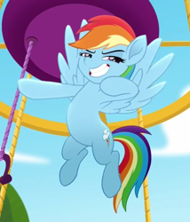 Size: 740x864 | Tagged: safe, screencap, character:rainbow dash, species:pegasus, species:pony, friendship is magic: rainbow roadtrip, g4, my little pony: friendship is magic, cropped, female, flying, high quality, mare, pose, raised hoof, smiling, solo, spread wings, teeth, wings