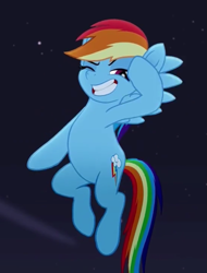 Size: 657x864 | Tagged: safe, screencap, character:rainbow dash, species:pegasus, species:pony, friendship is magic: rainbow roadtrip, g4, my little pony: friendship is magic, cropped, female, flying, high quality, mare, pose, raised hoof, salute, smiling, solo, spread wings, teeth, wings