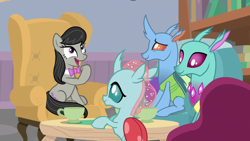 Size: 1920x1080 | Tagged: safe, screencap, character:ocellus, character:octavia melody, species:changedling, species:changeling, species:earth pony, species:pony, species:reformed changeling, episode:a horse shoe-in, g4, my little pony: friendship is magic, armchair, bow tie, carapace (character), cute, female, mare, spiracle, tavibetes
