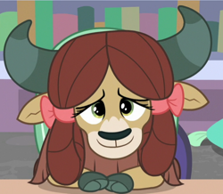 Size: 548x478 | Tagged: safe, screencap, character:yona, species:yak, episode:a horse shoe-in, g4, my little pony: friendship is magic, bow, cloven hooves, cropped, cute, female, hair bow, horns, monkey swings, smiling, solo, yonadorable