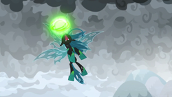 Size: 1280x720 | Tagged: safe, screencap, character:queen chrysalis, species:changeling, episode:the ending of the end, g4, my little pony: friendship is magic, angry, changeling queen, cloud, desperate, female, fight, flying, frown, furious, magic, nose in the air, satisfying frown, solo, ultimate chrysalis