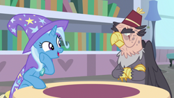 Size: 1920x1080 | Tagged: safe, screencap, character:grampa gruff, character:trixie, species:griffon, species:pony, species:unicorn, episode:a horse shoe-in, g4, my little pony: friendship is magic, blind eye, cape, clothing, duo, eye scar, female, fez, hat, male, mare, scar, trixie's cape, trixie's hat