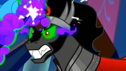 Size: 1280x720 | Tagged: safe, screencap, character:king sombra, species:pony, species:unicorn, episode:the beginning of the end, g4, my little pony: friendship is magic, angry, attempted murder, blast, dark magic, desperate, fight, glowing horn, gritted teeth, horn, magic, male, satisfying frown, sombra eyes, stallion