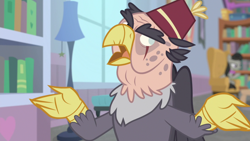 Size: 1920x1080 | Tagged: safe, screencap, character:grampa gruff, species:griffon, episode:a horse shoe-in, g4, my little pony: friendship is magic, blind eye, clothing, eye scar, fez, hat, male, scar, solo, spread arms