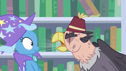 Size: 1920x1080 | Tagged: safe, screencap, character:grampa gruff, character:trixie, species:griffon, species:pony, species:unicorn, episode:a horse shoe-in, g4, my little pony: friendship is magic, cape, clothing, duo, eye scar, eyes closed, female, fez, hat, male, mare, scar, trixie's cape, trixie's hat, yelling