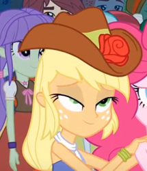 Size: 337x391 | Tagged: safe, screencap, character:applejack, character:normal norman, character:starlight, equestria girls:equestria girls, g4, my little pony:equestria girls, bare shoulders, clothing, crimson napalm, cropped, dress, faec, fall formal, fall formal outfits, mid-blink screencap, offscreen character, sleeveless, starlight, strapless