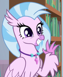 Size: 400x491 | Tagged: safe, screencap, character:silverstream, species:classical hippogriff, species:hippogriff, episode:a horse shoe-in, g4, my little pony: friendship is magic, bookshelf, cheerful, claws, cropped, cute, diastreamies, female, grin, jewelry, necklace, pearl necklace, smiling, solo, talons, teenager, waving