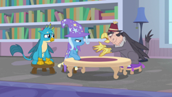Size: 1920x1080 | Tagged: safe, screencap, character:gallus, character:grampa gruff, character:trixie, species:griffon, species:pony, species:unicorn, episode:a horse shoe-in, g4, my little pony: friendship is magic, blind eye, book, bookshelf, cape, clothing, eye scar, female, fez, hat, lamp, mare, pillow, scar, sitting, stool, table, trixie's cape, trixie's hat, window