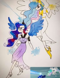 Size: 514x668 | Tagged: safe, artist:lunaart, screencap, character:princess celestia, character:princess luna, species:alicorn, species:human, species:pony, episode:the crystalling, g4, my little pony: friendship is magic, horn, horned humanization, humanized, magic, scene interpretation, screencap reference, traditional art, winged humanization, wings