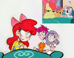 Size: 2510x1978 | Tagged: safe, artist:citi, screencap, character:apple bloom, character:scootaloo, character:sweetie belle, species:human, species:pegasus, species:pony, cutie mark crusaders, humanized, scene interpretation, screencap reference, traditional art