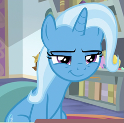 Size: 573x571 | Tagged: safe, screencap, character:trixie, species:pony, species:unicorn, episode:a horse shoe-in, g4, my little pony: friendship is magic, cropped, female, mare, narrowed eyes, smiling, smirk, solo