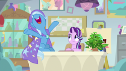 Size: 1920x1080 | Tagged: safe, screencap, character:phyllis, character:starlight glimmer, character:trixie, species:pony, species:unicorn, episode:a horse shoe-in, g4, my little pony: friendship is magic, cape, clothing, desk, duo, female, hat, hooves in air, mare, nose in the air, open mouth, philodendron, plant, potted plant, spreading, trixie's cape, trixie's hat
