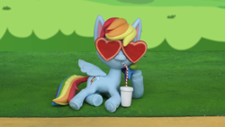Size: 1920x1080 | Tagged: safe, screencap, character:rainbow dash, species:pegasus, species:pony, g4.5, my little pony: stop motion short, my little pony:pony life, cup, drinking, drinking straw, female, grass, mare, paper cup, relaxing, solo, stop motion, sunglasses, the great race (short), wings