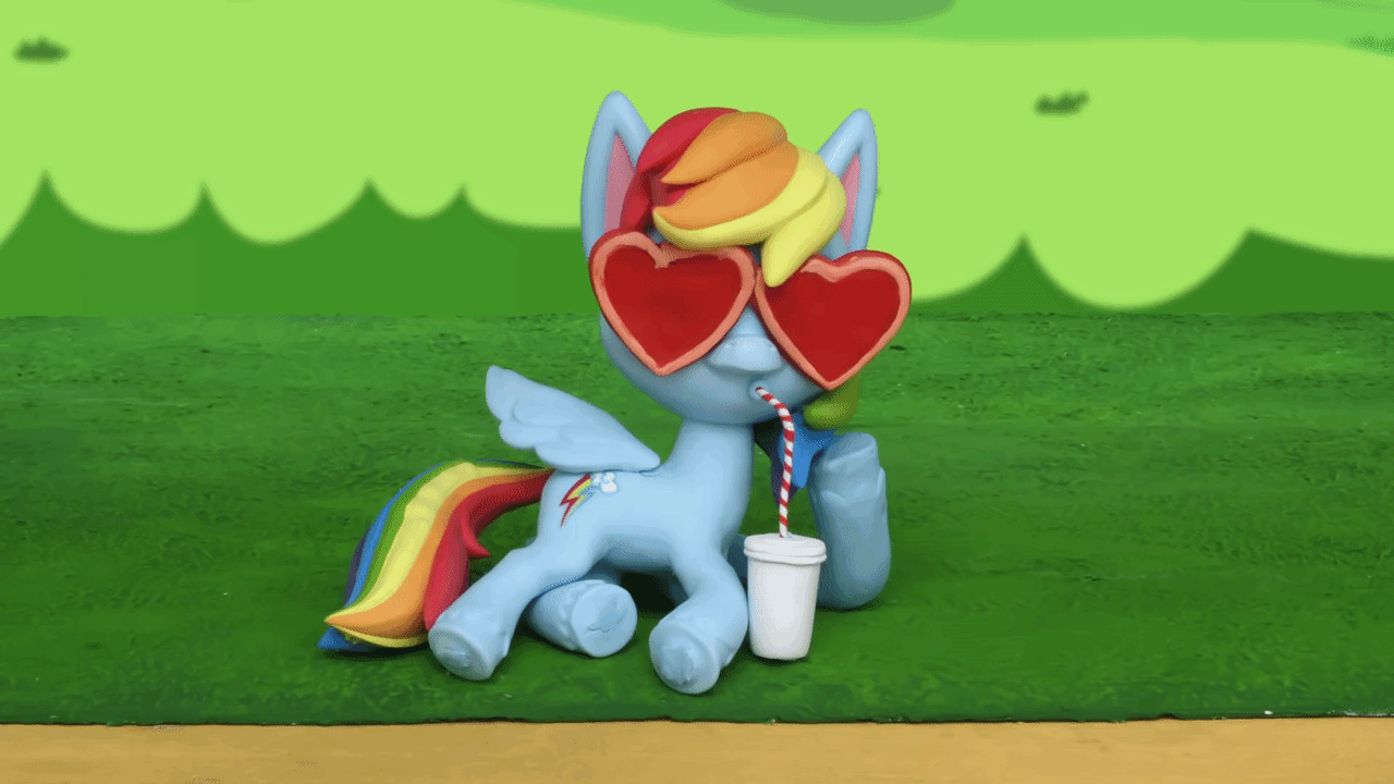 Size: 1280x720 | Tagged: safe, screencap, character:rainbow dash, species:pegasus, species:pony, g4.5, my little pony: stop motion short, my little pony:pony life, animated, cup, drinking, drinking straw, female, grass, mare, paper cup, relaxing, solo, stop motion, sunglasses, the great race (short)
