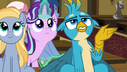 Size: 1920x1080 | Tagged: safe, screencap, character:blues, character:dark moon, character:fuchsia frost, character:gallus, character:goldy wings, character:graphite, character:noteworthy, character:starlight glimmer, species:earth pony, species:griffon, species:pony, species:unicorn, episode:a horse shoe-in, g4, my little pony: friendship is magic, female, friendship student, frown, gritted teeth, looking up, magic, magic aura, male, mare, smiling, telekinesis, unamused