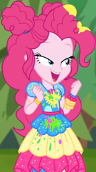 Size: 473x849 | Tagged: safe, screencap, character:pinkie pie, equestria girls:sunset's backstage pass, g4, my little pony:equestria girls, beads, canvas, clothing, cropped, curly hair, cute, diapinkes, dress, female, forest background, geode of sugar bombs, gold, grass, hairband, happy, jewelry, lidded eyes, magical geodes, outdoors, paint, pants, short sleeves, smiling, waistband, wristband