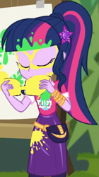 Size: 473x844 | Tagged: safe, screencap, character:twilight sparkle, character:twilight sparkle (scitwi), species:eqg human, equestria girls:sunset's backstage pass, g4, my little pony:equestria girls, canvas, clothing, collar, cropped, cute, eyes closed, female, forest, geode of telekinesis, glasses, grass, hairclip, jewelry, magical geodes, messy, music festival outfit, outdoors, paint, pants, ponytail, short sleeves, skirt, twiabetes, wrist wraps