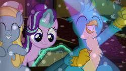 Size: 1920x1080 | Tagged: safe, screencap, character:dark moon, character:fuchsia frost, character:gallus, character:goldy wings, character:graphite, character:starlight glimmer, species:earth pony, species:griffon, species:pony, species:unicorn, episode:a horse shoe-in, g4, my little pony: friendship is magic, eyes closed, female, friendship student, magic, magic aura, male, mare, telekinesis