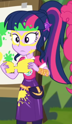 Size: 504x863 | Tagged: safe, screencap, character:pinkie pie, character:twilight sparkle, character:twilight sparkle (scitwi), species:eqg human, equestria girls:sunset's backstage pass, g4, my little pony:equestria girls, beads, clothing, cropped, curly hair, cute, dress, female, geode of sugar bombs, geode of telekinesis, hairband, jewelry, magical geodes, music festival outfit, pants, short sleeves, smiling, twiabetes, wristband