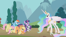 Size: 2560x1440 | Tagged: safe, screencap, character:applejack, character:fluttershy, character:pinkie pie, character:princess celestia, character:rainbow dash, character:rarity, character:twilight sparkle, character:twilight sparkle (unicorn), species:alicorn, species:earth pony, species:pegasus, species:pony, species:unicorn, episode:swarm of the century, g4, my little pony: friendship is magic, bowing, crown, ethereal mane, female, hoof shoes, jewelry, mane six, mare, peytral, regalia