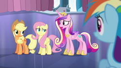 Size: 1440x810 | Tagged: safe, screencap, character:applejack, character:fluttershy, character:princess cadance, character:rainbow dash, species:alicorn, species:earth pony, species:pegasus, species:pony, episode:the crystalling, g4, my little pony: friendship is magic, female, hoof shoes, jewelry, mare, peytral, tiara