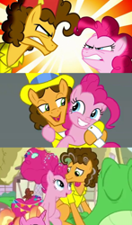 Size: 1230x2090 | Tagged: safe, screencap, character:cheese sandwich, character:gummy, character:luster dawn, character:pinkie pie, species:earth pony, species:pony, species:unicorn, ship:cheesepie, episode:pinkie pride, episode:the last laugh, episode:the last problem, g4, my little pony: friendship is magic, alligator, couple, female, friends, male, older, older cheese sandwich, older pinkie pie, shipping, straight, then and now