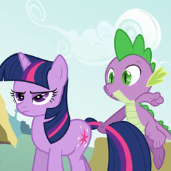Size: 1080x1080 | Tagged: safe, screencap, character:spike, character:twilight sparkle, character:twilight sparkle (unicorn), species:dragon, species:pony, species:unicorn, episode:feeling pinkie keen, g4, my little pony: friendship is magic, cropped, faec, ponyville, twilight is not amused, unamused