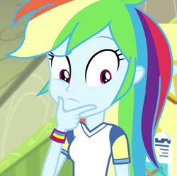 Size: 1088x1078 | Tagged: safe, screencap, character:rainbow dash, episode:sock it to me, g4, my little pony:equestria girls, cropped, cute, dashabetes, solo, thinking
