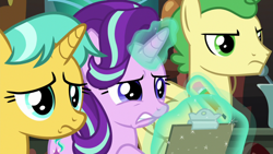 Size: 1920x1080 | Tagged: safe, screencap, character:citrine spark, character:fire quacker, character:huckleberry, character:starlight glimmer, species:pegasus, species:pony, species:unicorn, episode:a horse shoe-in, g4, my little pony: friendship is magic, clipboard, female, friendship student, magic, magic aura, male, mare, stallion, telekinesis, wince