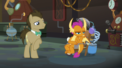 Size: 1920x1080 | Tagged: safe, screencap, character:doctor whooves, character:smolder, character:time turner, species:dragon, species:earth pony, species:pony, episode:a horse shoe-in, g4, my little pony: friendship is magic, bow tie, chair, claws, displeased, doctor whooves' lab, dragoness, duo, embarrassed, female, frown, hand on cheek, horns, invention, laboratory, male, narrowed eyes, pouting, smolder is not amused, spread wings, stallion, teenaged dragon, teenager, unamused, unimpressed, wings