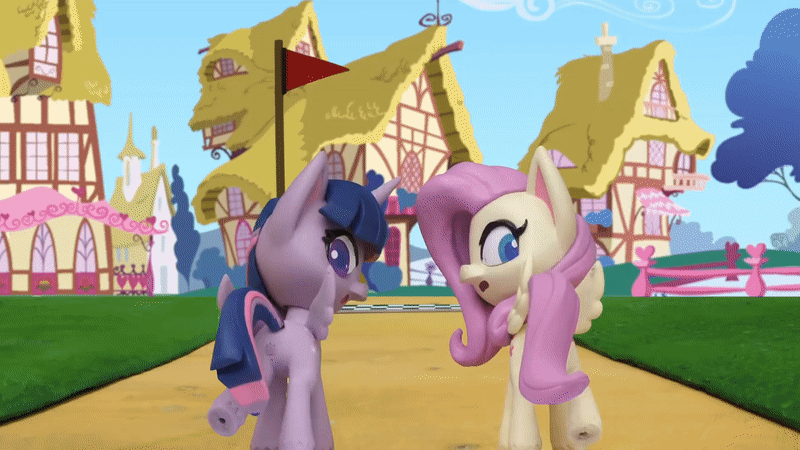 Size: 800x450 | Tagged: safe, screencap, character:fluttershy, character:twilight sparkle, character:twilight sparkle (alicorn), species:alicorn, species:pegasus, species:pony, g4.5, my little pony: stop motion short, my little pony:pony life, animated, close-up, flag, gif, house, looking back, ponyville, road, screaming, speed lines, stop motion, the great race (short), wings